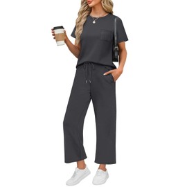 WIHOLL Workout Sets for Women 2 Piece Short Sleeve Summer Cruise Business Casual Outfits 2025 Going Out Two Piece Sets Women's Clothing Short Sleeve Crew Neck Tracksuits Dark Grey S