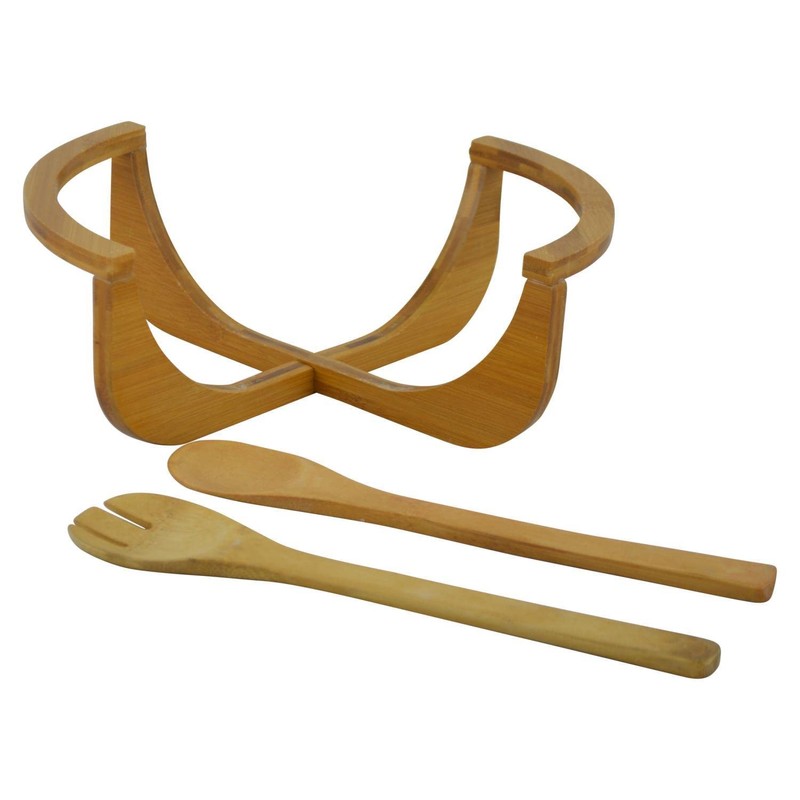 Threestar Whiteware Ceramic Salad Bowl on Bamboo Stand