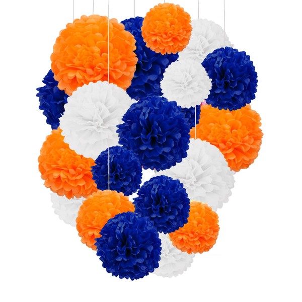 Blue and Orange Paper Pom Poms - 10",12" Tissue Pom Poms Decorations for Party Hanging Decor - 12 Piece Set