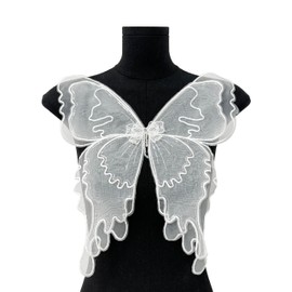 Embroidered Butterfly Patches Mesh Layer Organza Lace Collar Appliques Sew On Patch Wing DIY Clothing Pajamas Dresses Craft Decoration (White)