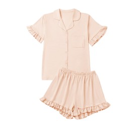 LYANER Women's Button Down V Neck Short Sleeve Ruffle Trim Top with Shorts Sleepwear Pajamas Set Beige Small