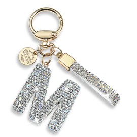 Pink Blue White Initial Letter Keychain Gift for Women Girls Bling Sparkly Cute Backpack Car Key Accessories Lanyard(M-white diamond)