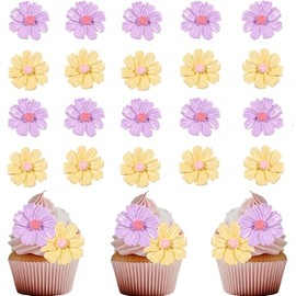 20 adornos de flores para cupcakes, color amarillo, morado y rosa, decoración de mesa para fiestas de cumpleaños, boda, aniversario, hadas