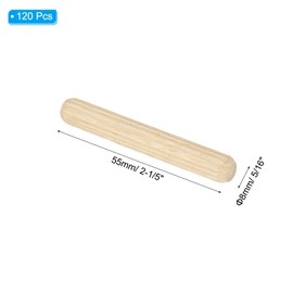 PATIKIL 5/16" x 2-1/5"(8 x 55mm) Wood Dowel Pins, 120 Pack Fluted Wooden Dowel Pin Straight Groove Rods for Furniture Door Art Crafts Projects