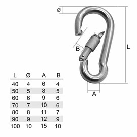 Carabiner Form D Stainless Steel V4A Snap Hook Silver Outdoor Sailing Key Chain Awning Secure Keyring Screw Cap Camping, Size:6 mm x 60 mm - 5 Piece