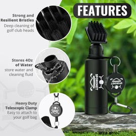 SPOROKET Pro Golf Club Brush Cleaner with Heavy Duty Retractable Clip and Squeeze Bottle for 4 oz of Water, Premium Golf Accessories for Men