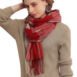 Baynetin Winter Ladies Long Soft Warm Scarves, Spinning Tassel Shawl, Tartan Checked Scarf Blanket Christmas Gifts for Lady Women Girls (Red)