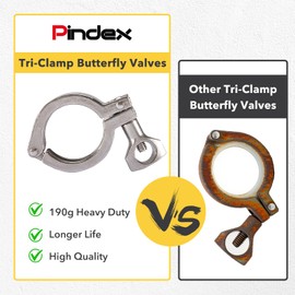 Pindex 2 Pack 2 Inch Heavy Duty Butterfly Valves with Pull Handle and 4 Pcs 2" 190g Heavy Duty Tri Clamp with Silicone Gasket 304 Stainless Steel Sanitary TC Fittings