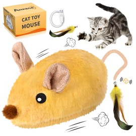 Interactive Cat Toys Mouse for Indoor Cats Rechargeable Cat Toy Mouse Toy Feather Bell Tail Lifelike Electric Automatic for All Breeds Boredom Exercise-Yellow