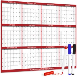 24" x 36" 2025 Wall Calendar with 3 Pack Fineliner Color Pens, Large 12 Month Annual Yearly Planner, Erasable Wet & Dry Erase Laminated Calendar for Wall, Reversible, Horizontal/Vertical, Red