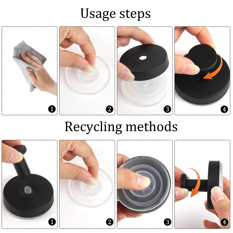 SJUNJIE 4Pcs Vacuum Suction Cup Hooks Removable Hooks Black Suction