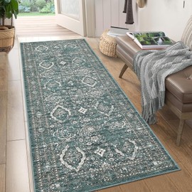 Garvee Washable Runner Rugs 2x6 Vintage Hallway Runner Traditional Floral Rugs Non Slip Entryway Runner Distressed Oriental Area Rugs Low Pile Floor Cover for Kitchen Bathroom Laundry Mat, Dark Teal