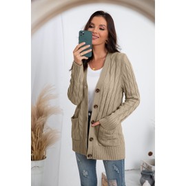 GRECERELLE Women's Knit Long Cardigans Jumpers Cardigan with Pockets with Buttons Ladies Loose Long Sleeve Knitwear Oversized Sweater Cardigan for Autumn Winter Spring (Khaki, L)