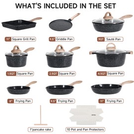 JEETEE 24Pcs Ceramic Cookware Set, Gray Pots and Pans Set Non Stick, Kitchen Healthy Non Toxic Induction Cookware Sets W/Frying Pans, Saucepans, Sauté Pan, Griddle, Crepe Pan & Pancake Rake