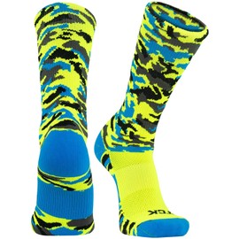 TCK Woodland Camo Crew Socks (Neon Yellow/Electric Blue, Medium)