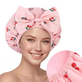 Cherry Shower Cap for Women Terry Lined Shower Cap