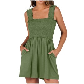 BUNSLOOM Jumpsuit Women's Summer Smocked One-Piece Square Neck Sleeveless Jumpsuit Flowy Beach Outfit with Pockets, Green, M