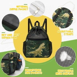 WAWSAM Dinosaur Kids Drawstring Backpack - Mesh Drawstring Bag for Boys Swim Bag with Waterproof Zipper Pocket Kids Beach Backpack for Swimming Pool Sport Yoga Travel Mesh Gym Bag