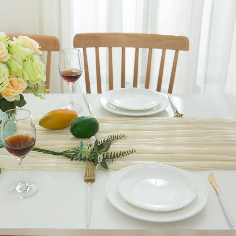 CHUQING Table Runner Beige Boho Gauze Cheesecloth Table Runner for