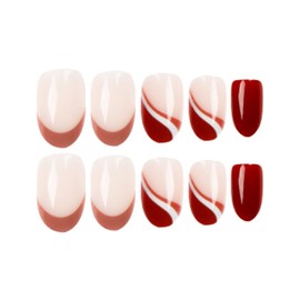 MERVF Oval Press on Nails Medium Fake Nails French Tip Burgundy Round Acrylic Nails Glossy 24pcs False Nails with Designs Fall Brown Glue on Nails Press ons
