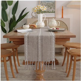 Aufondof Boho Table Runner Farmhouse Table Runner,13" x 90" Long Rustic Coffee Table Runners Cotton Macrame Spring Table Runners with Tassel for Wedding Kitchen Dining Room Table Home Decor ﻿