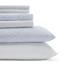Laura Ashley Home | Percale Collection | 6-Piece Percale Weave Sheet Set - 100% Cotton Bedding - Cool, Crisp, and Breathable, Queen, Belle Blue Cashmere
