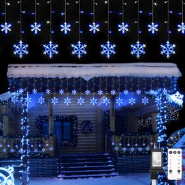 suddus Snowflake Icicle Lights Outdoor, 10.7ft 168 LED Connectable Holiday String Lights Plug in with 14 Drops, Christmas Lights for Outside, Eaves, House, Window, Yard, Indoor Decor, White and Blue