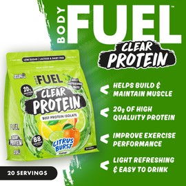 BodyFuel Clear Protein - Beef Protein Isolate - Clear & Refreshing - Best Low Sugar & Lactose-Free Protein Supplement - Muscle Support (500g - 20 Servings) (Citrus Burst)