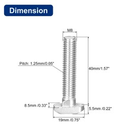 QUARKZMAN Pack of 10 T-Nut Screws, M8 x 40 mm Hammer Head Screw, T-Screw Insert Bolt for 4545 Series T-Nut Aluminium Profile, 304 Stainless Steel, Silver
