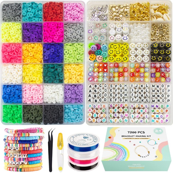 Clay Beads for Bracelet Making Kits, 24 Colors Flat Clay Heishi 6000 Pcs Beads |1200 Pcs jewelry accessory | 14 A-Z Funny Beads,Strings for Jewelry Making Kit Bracelets for Preppy Girls 6-12