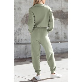 PRETTYGARDEN Women's Two Piece Sweatsuits Set Lapel V Neck Tops Ribbed Knit Sweater Pants Tracksuit Outfit (Light Green,Large)