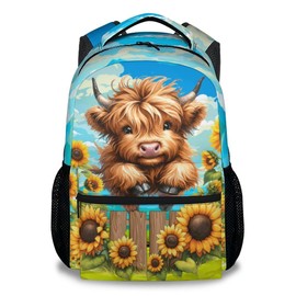 KAXVZER Highland Cow Backpack for Girls, 17 Inch Brown Backpacks for Teens, Cute Sunflower Print Lightweight Bookbag for Women