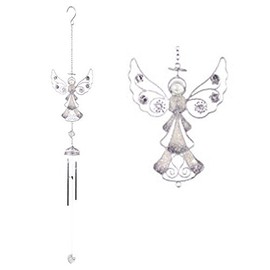 Beautiful Silver Design Angel Windchime, Glass, Metal, Resin Garden and Home Ornament (Design B)
