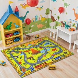 LIVEBOX Kids Car Rug-Dinosaur Playroom Rug 3x5 Non Slip Adventure Play Mat, Track Road Mat for Toy Cars, Dinosaur Rugs for Boys Bedroom Nursery