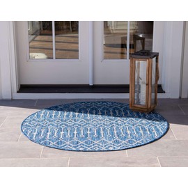 Unique Loom Outdoor Trellis Collection Area Rug - Tribal Trellis (8' Round, Blue/ Ivory)