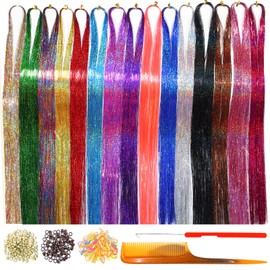 HandWig Fairy Hair Extensions,Tinsel Hair Strands,Very Cute Shiny Sparkle for Kids Girls (15 Colors+Tools, 47 Inches)