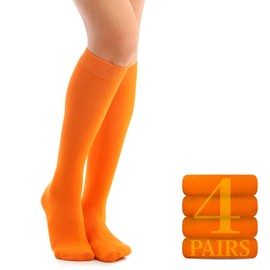 Hugh Ugoli Women Cotton Knee High Socks, Long Dress School Uniform Socks for Girls, Soft & Lightweight Boot Socks, Shoe Size: 5-8, Pumpkin Orange, 4 Pairs