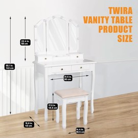Makeup Vanity Desk with Lighted Mirror, Tri-Fold Vanity Table with 3 Adjustable Lights, 4 Drawers, 2 Open Compartments, Upholstered Stool Included, White
