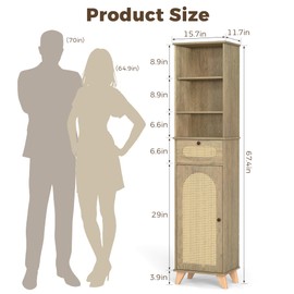 67" Tall Narrow Bathroom Storage Cabinet with Aeched Rattan Doors, Drawer&Adjustable Shelves, Freestanding Pantry Cabinets, Natural Floor Kitchen Cupboard for Bathroom Living Room Dining Room Laundry