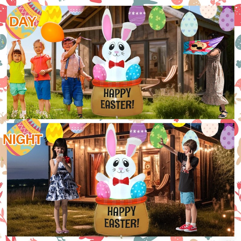 HZGDEJTG4FT Egg Basket Bunny Easter Inflatable Outdoor Decoration, with Built-in