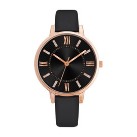 NUOVO Elegant Ladies Watch with Black Leather Strap, Diamond Dial and Rose Gold Accents, black, Modern