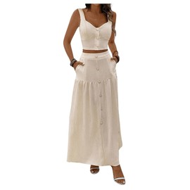 MakeMeChic Women's 2 Piece Outfits Wide Strap Cami Crop Top and Ruffle Long Skirt Set, Apricot, X-Large