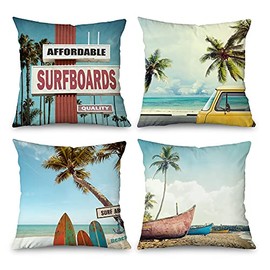 Toobaso Summer Beach Decorative Throw Pillow Covers 18x18 inches Set of 4, Palm Tree Surfboard Coastal Beach Home Decor Zippered Pillow Cases Cushion Covers for Living Room Sofa Couch