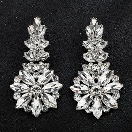 Jumwrit Rhinestone Cluster Earrings Wedding Flower Leaf Drop Dangle Earrings Statement Vintage Big Round Circle Earrings Iridescent Bridal Floral Chandelier Earrings Jewelry for Women Girls(Silver)