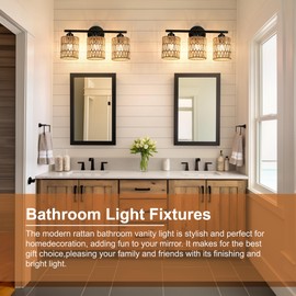 Frideko 3-Light Bathroom Vanity Light Fixtures, Modern Rattan Bathroom Lighting Fixtures Over Mirror, Boho Wall Sconces with Woven Lampshade, Black Wall Lamp for Farmhouse Living Room Bedroom