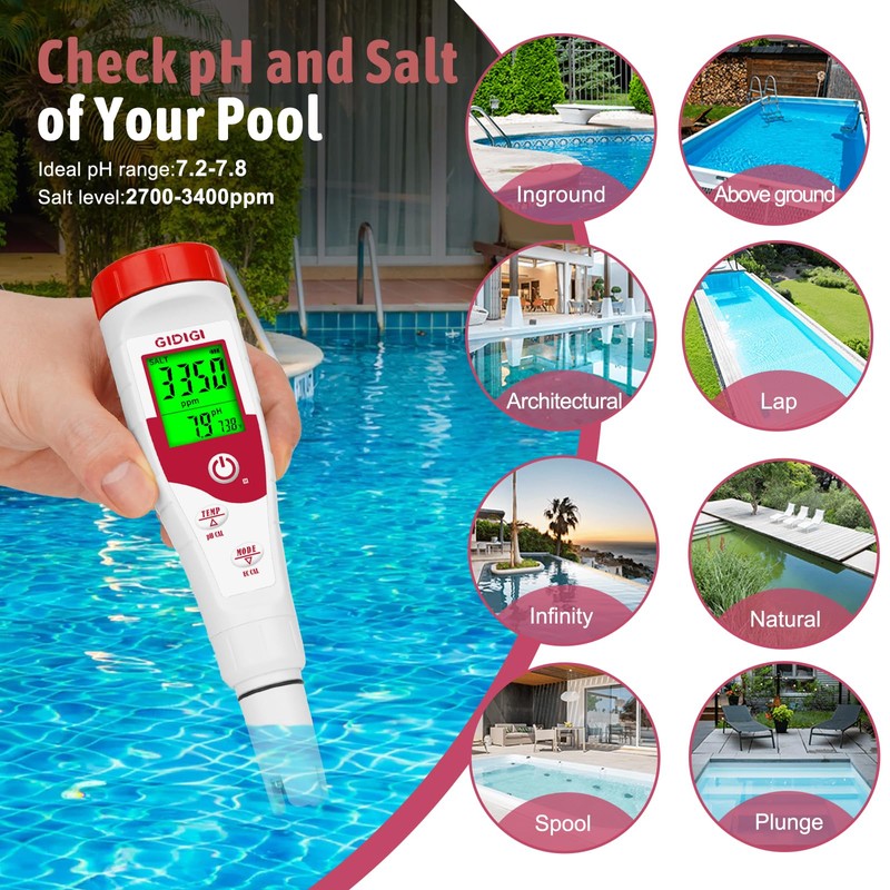 GIDIGI Pool Salt Tester pH Meter New Update Digital pH
