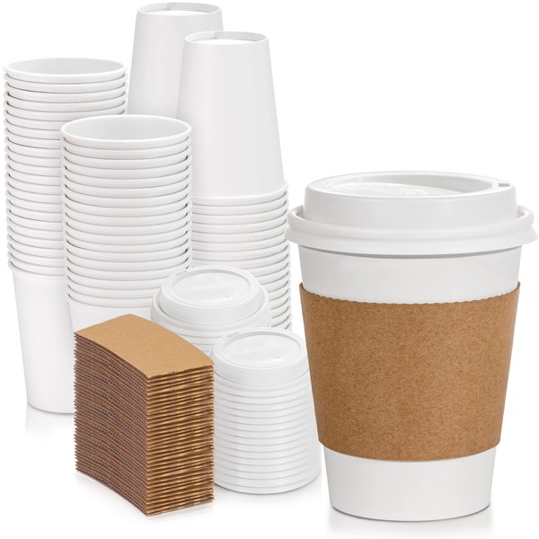 Fit Meal Prep 50 Pack 12 oz Paper Cups with Lids and Sleeves, Premium Disposable To Go Hot Cups for Party, Beverages, Tea, Cocoa