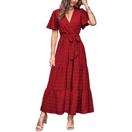 MASCOMODA Women Boho Swiss Dot Maxi Dresses Wrap V Neck Flutter Short Sleeve Solid Tie Waist A Line Tiered Flowy Long Dress(Red,Small)