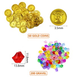 GETRICH 260 Pieces Gold Coins Pirate Treasure Set 200 Pieces Gemstones for Children and 60 Pieces Gold Coins Children Gold Taler Treasure Hunt Pirate Treasure Children's Birthday Party for Treasure