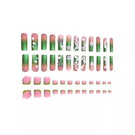 48 Pcs Press on Nails Square Long & Press on Toenails Set, Green French Tip Fake Nails with 3D Floral Rhinestone Design Stick on Nails, Glossy Acrylic Full Cover Glue on Toe Nails for Women